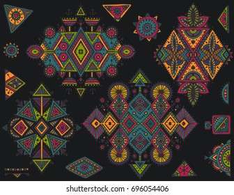 Set of vector tribal art boho hand drawn geometric pattern. Colorful vector ethnic print for fabric, cloth design, wrapping.