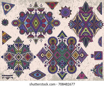 Set of vector tribal art boho hand drawn geometric pattern. Colorful vector ethnic print for fabric, cloth design, wrapping.