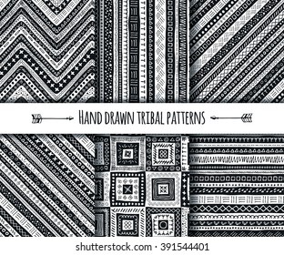 Set of vector tribal aztec hand drawn seamless pattern. Ethnic tribal borders. Tribal elements isolated. Boho folk navajo frames. Tribal design