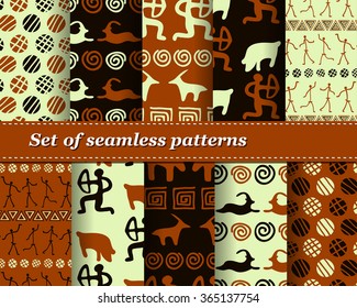 Set of vector tribal striped seamless pattern. Geometric background. Folk ornamental textile. Ice age
