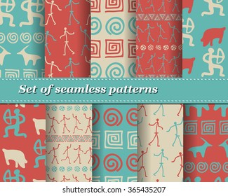 Set of vector tribal striped seamless pattern. Geometric background. Folk ornamental textile. Ice age