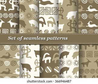 Set of vector tribal striped seamless pattern. Geometric background. Folk ornamental textile. Ice age