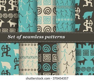 Set of vector tribal striped seamless pattern. Geometric background. Folk ornamental textile. Ice age
