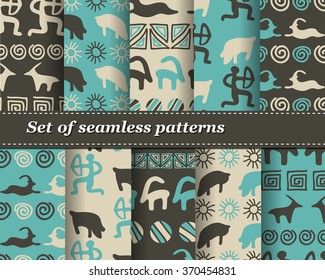 Set of vector tribal striped seamless pattern. Geometric background. Folk ornamental textile. Ice age
