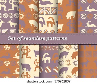 Set of vector tribal striped seamless pattern. Geometric background. Folk ornamental textile. Ice age
