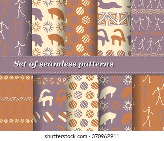 Set of vector tribal striped seamless pattern. Geometric background. Folk ornamental textile. Ice age
