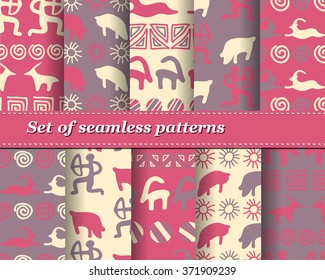 Set of vector tribal striped seamless pattern. Geometric background. Folk ornamental textile. Ice age