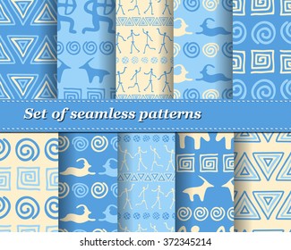 Set of vector tribal striped seamless pattern. Geometric background. Folk ornamental textile. Ice age