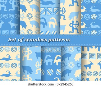 Set of vector tribal striped seamless pattern. Geometric background. Folk ornamental textile. Ice age