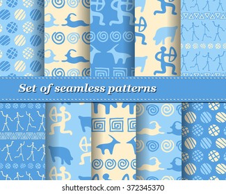 Set of vector tribal striped seamless pattern. Geometric background. Folk ornamental textile. Ice age