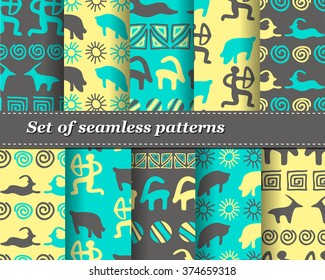 Set of vector tribal striped seamless pattern. Geometric background. Folk ornamental textile. Ice age
