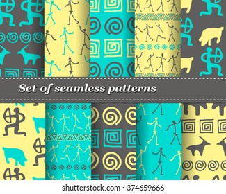 Set of vector tribal striped seamless pattern. Geometric background. Folk ornamental textile. Ice age