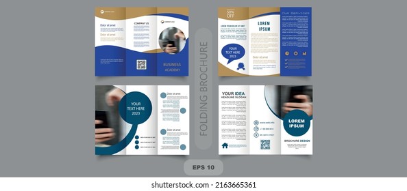 Establecer. Plantilla de folletos del tríplio de vectores con lugar para la foto, con círculos azules. empresa de negocios, empresa de TI, presentaciones. Para imprimir. Gráficos vectoriales y diseño.