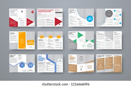 Set of vector trifold brochures with different geometric elements and space for photo. White templates for print, business and advertising.