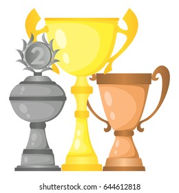 Set of vector trophy champion cups in gold, silver and bronze. Championship prizes for first, second and third place. Victory symbols isolated on white background.
