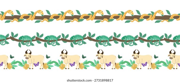 Conjunto de bordes tropicales de Vector con vaca india y plátanos, camaleón en rama, serpiente en árbol tropical. Se puede utilizar para diseños orientales étnicos con animales asiáticos.