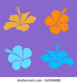 Set of vector tropical design with hibiscus in yellow, violet and blue colors. Vector illustration. Exotic flowers in allover composition. Collection for summer fashion, interior, wallpaper.