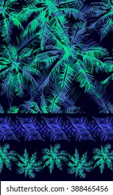 set of vector tropical isolated border, Seamless tropical pattern depicting  glowing palm tree on a black background