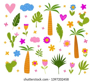 Set vector tropical plants. Collection of palm tree, cacti and flowers. Cute floral background for fabric and textile for kids. Isolated hand drawn illustration. Pencil texture. 