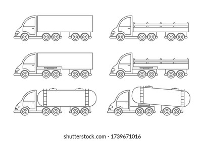 Set of vector truck icon. Simple design, an empty outline isolated on a white background. Design for coloring books, websites, and apps
