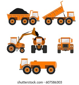 Set of vector trucks - dumper, front loader and tank truck