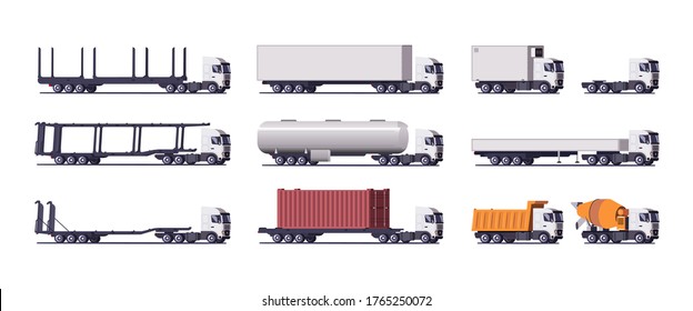 Conjunto de camiones vectoriales en un fondo blanco. Volcar. Mezclador de concreto. Tanque. Ilustración vectorial.