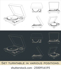 Conjunto de Vector Tocadiscos tocando vinilo de cerca delineando dibujo técnico aislado en fondo transparente