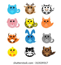 Set vector twelve design elements  funny pets: cat, deer, cow, dog, tiger, wolf, fox, squirrel, raccoon, rabbit, duck, panda isolated on white background