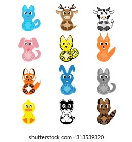 Set vector twelve design elements  funny pets: cat, deer, cow, dog, tiger, wolf, fox, squirrel, raccoon, rabbit, duck, panda isolated on white background