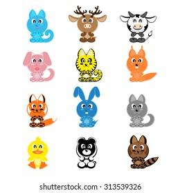 Set vector twelve design elements  funny pets: cat, deer, cow, dog, tiger, wolf, fox, squirrel, raccoon, rabbit, duck, panda isolated on white background