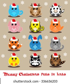 Set vector twelve icons funny pets in santa hats: cat, deer, cow, dog, tiger, wolf, fox, squirrel, raccoon, rabbit, duck, panda isolated on beige background