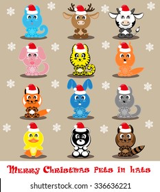 Set vector twelve icons funny pets in santa hats: cat, deer, cow, dog, tiger, wolf, fox, squirrel, raccoon, rabbit, duck, panda isolated on beige background