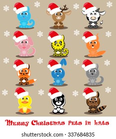 Set vector twelve icons funny pets in santa hats: cat, deer, cow, dog, tiger, wolf, fox, squirrel, raccoon, rabbit, duck, panda isolated on beige background