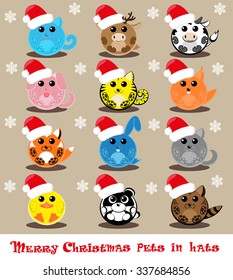 Set vector twelve icons funny pets in santa hats: cat, deer, cow, dog, tiger, wolf, fox, squirrel, raccoon, rabbit, duck, panda isolated on beige background