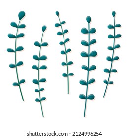 Set of vector twigs with leaves isolated on white background.