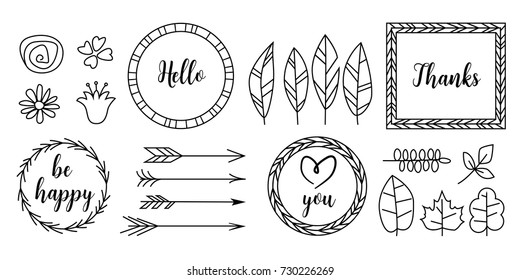 Set of vector typographic elements for design. Vector set of calligraphic design elements and page decor: useful elements to embellish layout. Arrows, feathers, leaves, labels, ribbons, logo, symbols