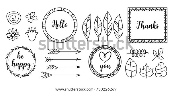 Set of vector typographic elements for design.\
Vector set of calligraphic design elements and page decor: useful\
elements to embellish layout. Arrows, feathers, leaves, labels,\
ribbons, logo, symbols