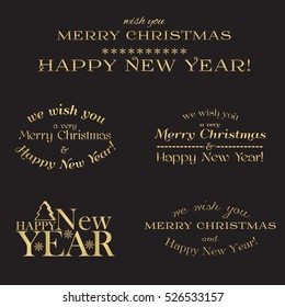 Set of vector typographic elements - Merry Christmas and Happy New Year in gold color on black background