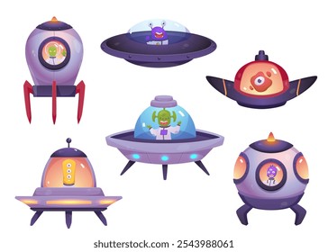 A set of vector UFO spaceships, including lights, rockets, engines. Green, yellow, red and purple aliens with three eyes and antennae wave amiably from the ship