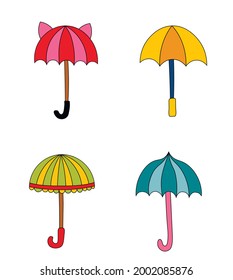 Un conjunto de paraguas vectoriales. Caricatura pegatinas lindas