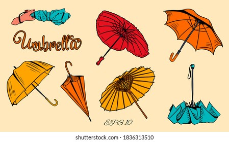 Set of vector umbrellas. Cartoon style. Different Chinese umbrellas, Closed umbrella in hand in the shape of a heart.