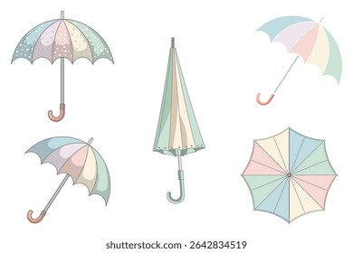 Set of vector umbrellas in colorful flat design, cartoon rainy day theme, umbrella collection with cute and minimal look, perfect for print, web, weather infographics, and creative graphics

