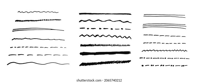 Set of vector underlines, stripes, nib, pen, brush stroke. Smooth, smooth, curve, zigzag, dot, dash, abrupt, varied, many, bold, in several layers. Design elements and decor.