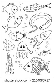 Set Of Vector Undersea Animals, Funny Fishes For Coloring.