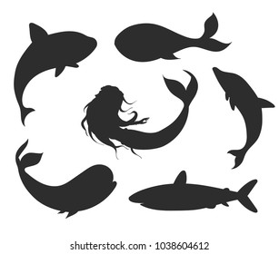 Set of vector underwater life silhouettes with mermaid, whales, shark, and dolphin. Sea creatures shapes isolated on the white background.