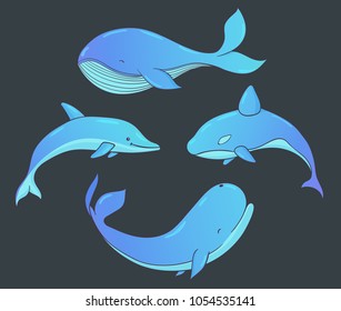 Set of vector underwater life with whales and dolphin. Sea creatures isolated on the dark background.