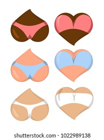Set of vector underwear on stylized  asses and boobs with different skin colors. Bra and panties on heart shaped forms. Great for Valentine’s Day/love greeting card, underwear and lingerie shop. 