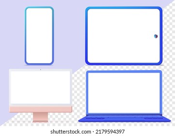 A set of vector unfolded tablet, PC, laptop, mobile phone, smartphone. A set of 3d icons. Electronic devices isolated on a transparent background. Vector illustration