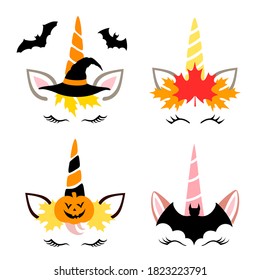 Set of vector unicorn head isolated on white background. Silhouettes of unicorns. Icons and templates for logos. Halloween.