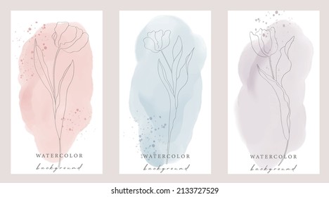 Set of vector universal backgrounds with watercolor shapes copy space for text and flowers. Design for social media, story, card, invitation, feed post.
